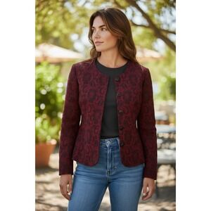 Lester Square Women's  XL Burgundy Black Floral Paisley Jacquard Knit Jacket
